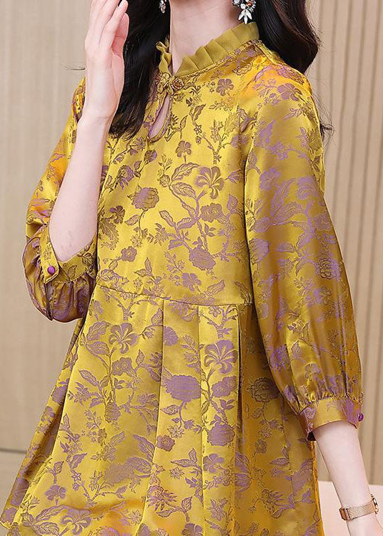 Vintage Gold Ruffled Patchwork Jacquard Silk Top Summer LC0278
