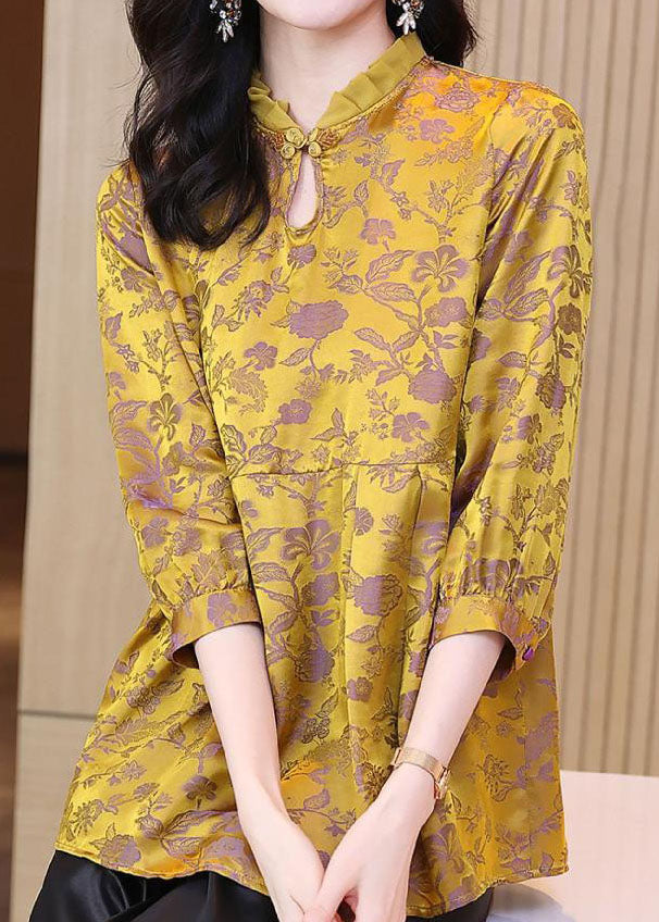 Vintage Gold Ruffled Patchwork Jacquard Silk Top Summer LC0278