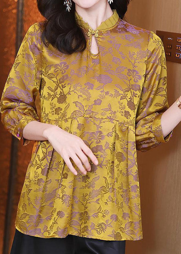 Vintage Gold Ruffled Patchwork Jacquard Silk Top Summer LC0278