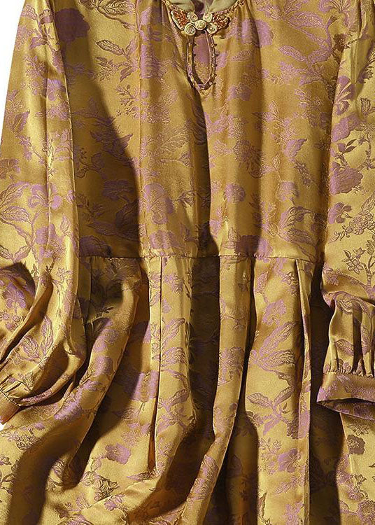 Vintage Gold Ruffled Patchwork Jacquard Silk Top Summer LC0278