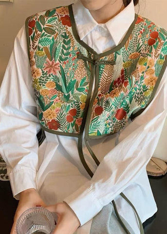 Vintage Green Embroideried Patchwork Lace Up Cotton Vest Sleeveless LY1413