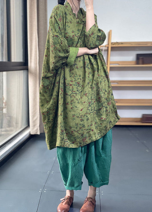 Vintage Green Oversized Print Cotton Dresses Batwing Sleeve AC2026