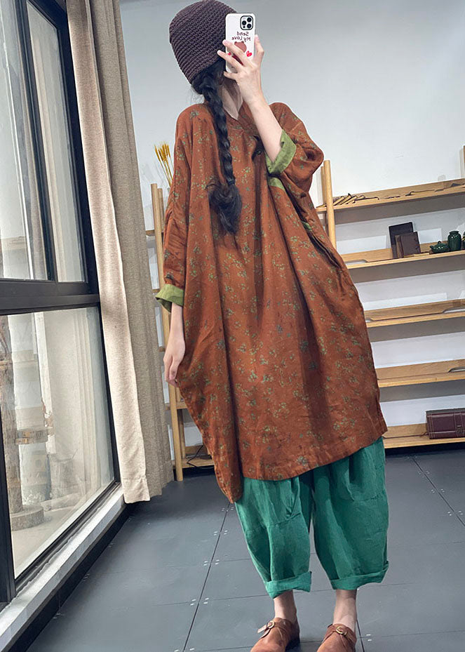 Vintage Green Oversized Print Cotton Dresses Batwing Sleeve AC2026