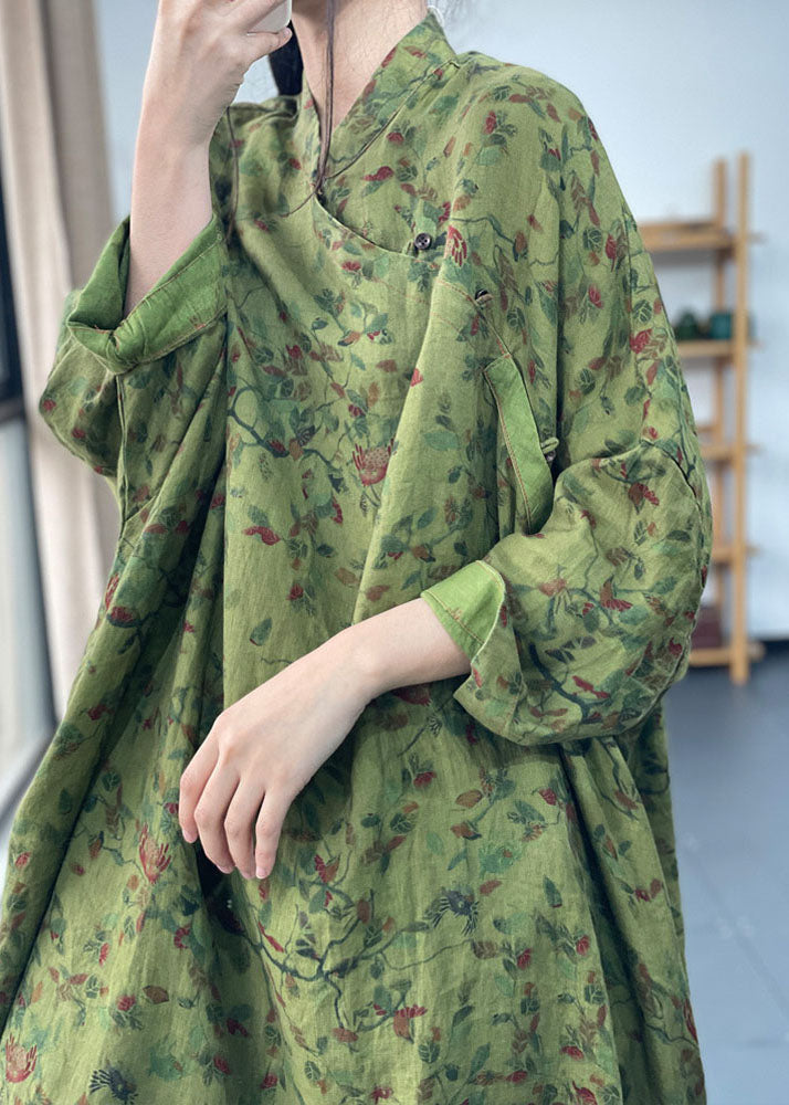 Vintage Green Oversized Print Cotton Dresses Batwing Sleeve AC2026