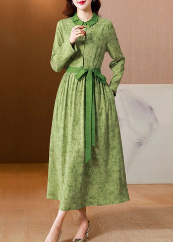 Vintage Green Print Tie Waist Linen Holiday Dress Spring AC2028