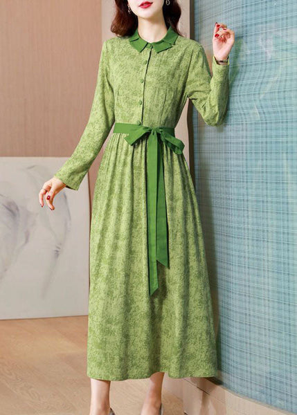 Vintage Green Print Tie Waist Linen Holiday Dress Spring AC2028