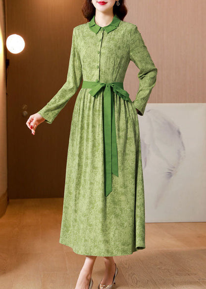 Vintage Green Print Tie Waist Linen Holiday Dress Spring AC2028