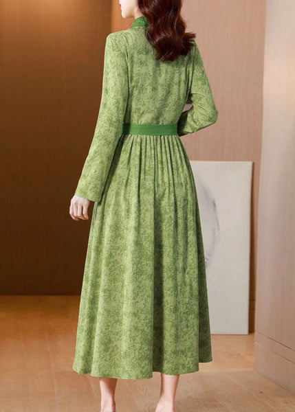 Vintage Green Print Tie Waist Linen Holiday Dress Spring AC2028
