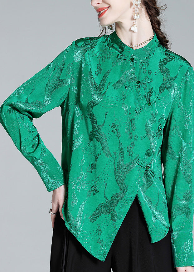 Vintage Green Stand Collar Button Jacquard Silk Shirt AC3065