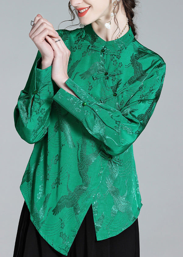 Vintage Green Stand Collar Button Jacquard Silk Shirt Spring LY0692