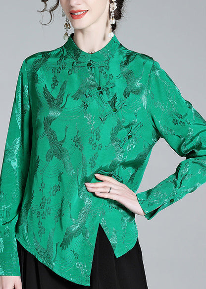 Vintage Green Stand Collar Button Jacquard Silk Shirt Spring LY0692