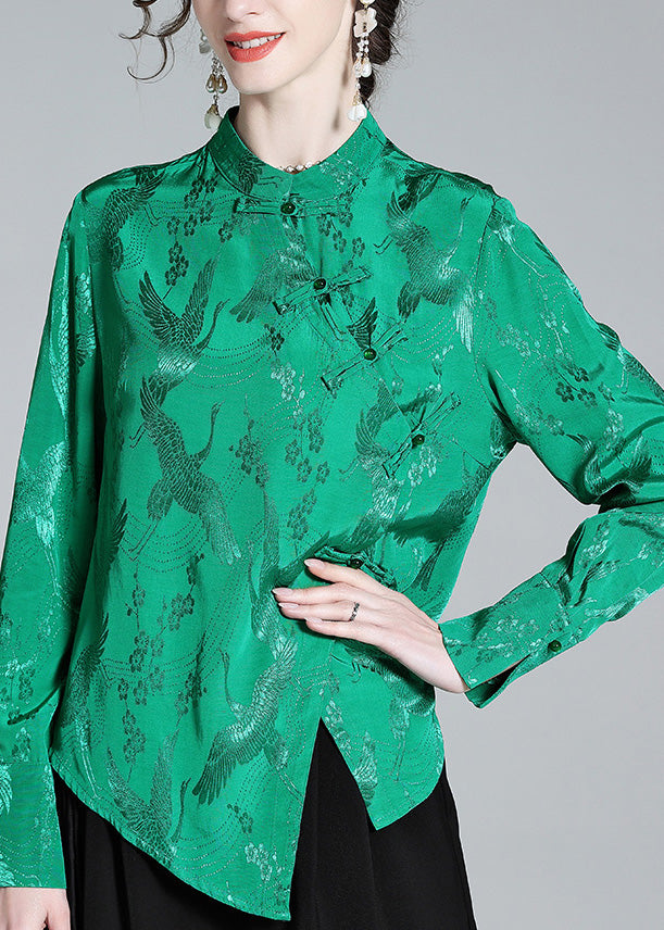 Vintage Green Stand Collar Button Jacquard Silk Shirt AC3065