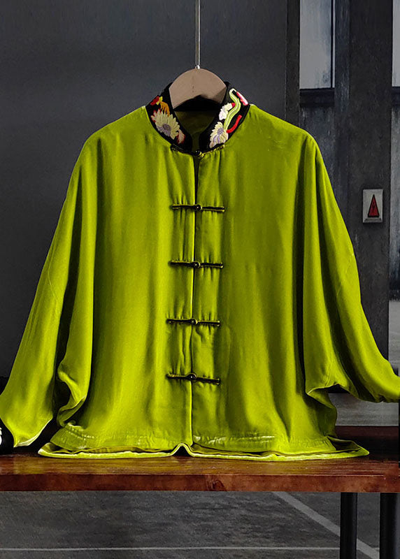 Vintage Green Stand Collar Embroideried Button Silk Velour Outwear Spring LY0987