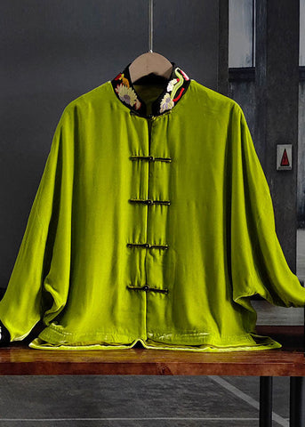 Vintage Green Stand Collar Embroideried Button Silk Velour Outwear Spring LY0987