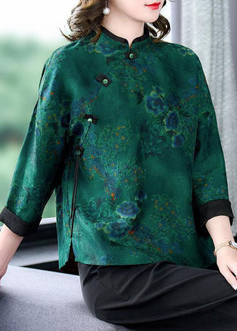 Vintage Green Stand Collar Print Button Patchwork Silk Top Spring TI1056