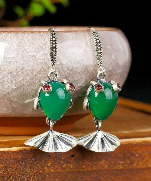 Vintage Green Sterling Silver Inlaid Gem Stone Chalcedony Goldfish Drop Earrings Ada Fashion