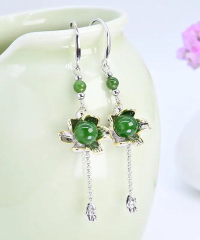Vintage Green Sterling Silver Jade Floral Drop Earrings Ada Fashion