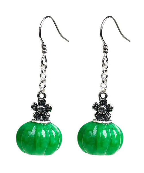 Vintage Green Sterling Silver Jade Pumpkin Drop Earrings Ada Fashion
