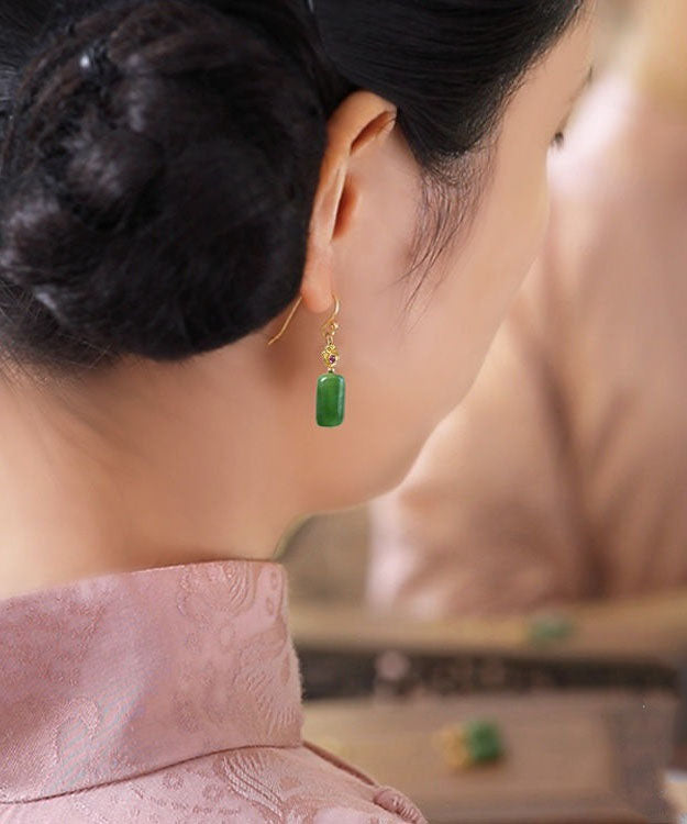 Vintage Green Sterling Silver Square Jade Drop Earrings TW1051