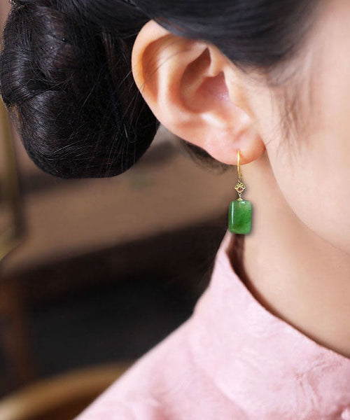 Vintage Green Sterling Silver Square Jade Drop Earrings TW1051