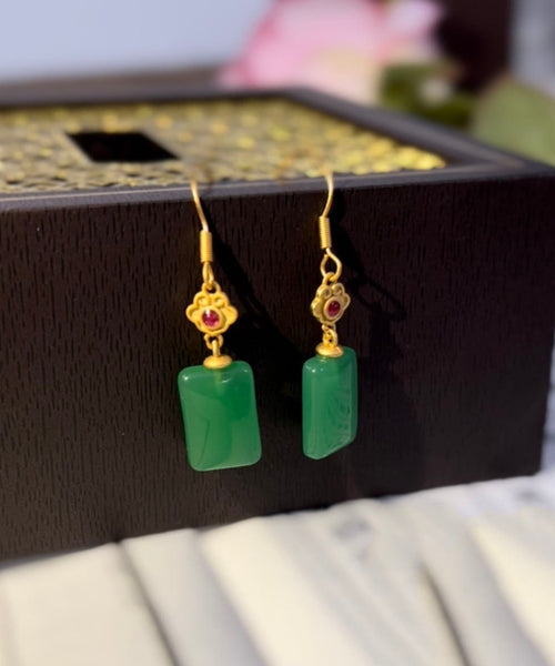 Vintage Green Sterling Silver Square Jade Drop Earrings TW1051
