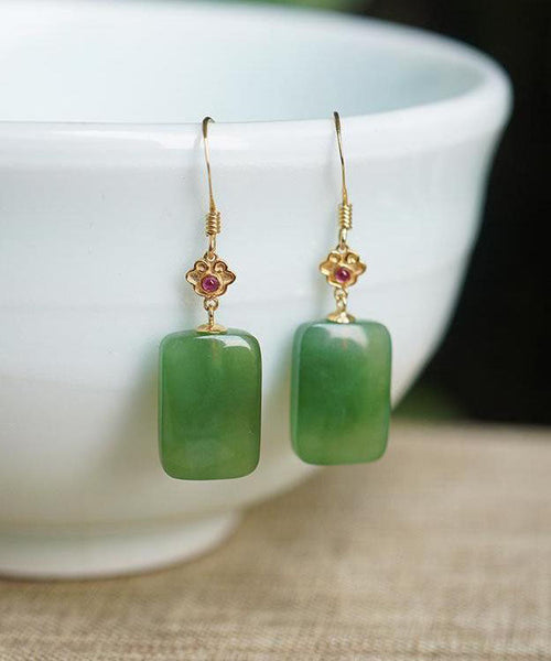 Vintage Green Sterling Silver Square Jade Drop Earrings TW1051