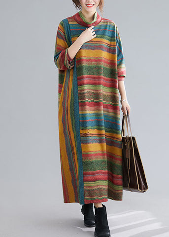 Vintage Green Turtle Neck Patchwork Striped Cotton Ankle Dress Spring AC2021