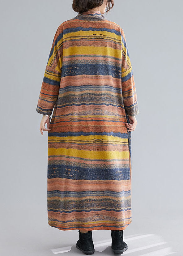 Vintage Green Turtle Neck Patchwork Striped Cotton Ankle Dress Spring AC2021