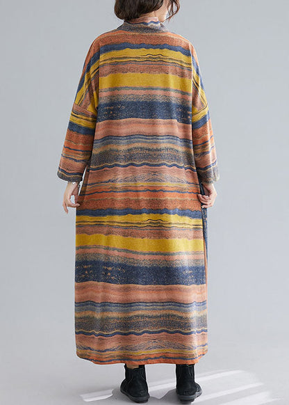 Vintage Green Turtle Neck Patchwork Striped Cotton Ankle Dress Spring AC2021
