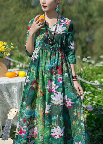Vintage Green V Neck Print Elastic Waist Maxi Dresses Spring LY1739