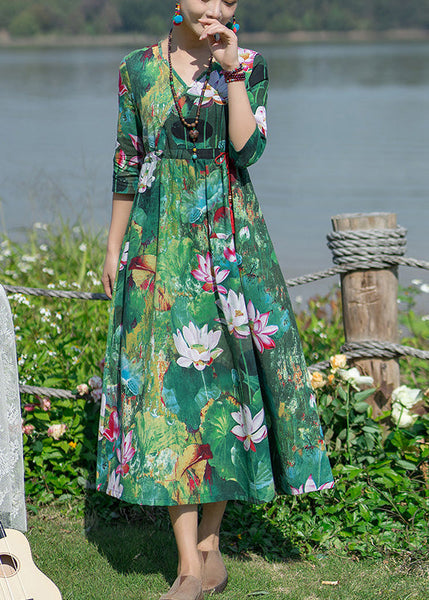 Vintage Green V Neck Print Elastic Waist Maxi Dresses Spring LY1739