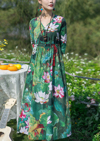 Vintage Green V Neck Print Elastic Waist Maxi Dresses Spring LY1739