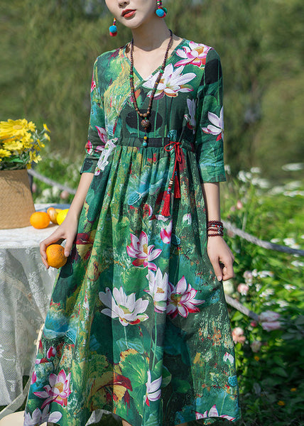 Vintage Green V Neck Print Elastic Waist Maxi Dresses Spring LY1739