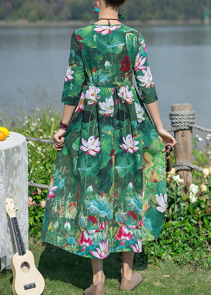 Vintage Green V Neck Print Elastic Waist Maxi Dresses Spring LY1739