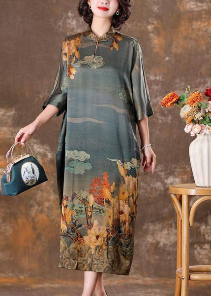 Vintage Grey Mandarin Collar Print Silk Long Dress Caftan Half Sleeve LY1708