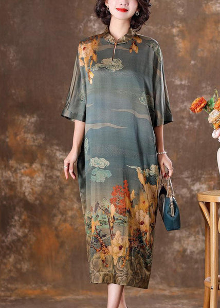 Vintage Grey Mandarin Collar Print Silk Long Dress Caftan Half Sleeve LY1708