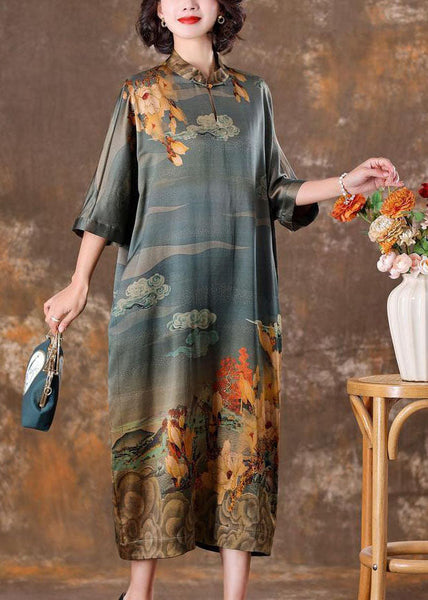Vintage Grey Mandarin Collar Print Silk Long Dress Caftan Half Sleeve LY1708