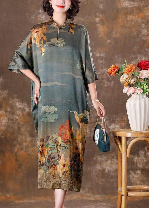 Vintage Grey Mandarin Collar Print Silk Long Dress Caftan Half Sleeve LY1708