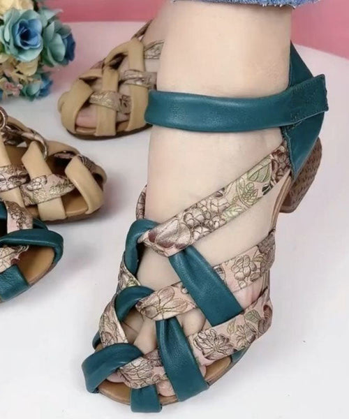 Vintage Hollow Out Splicing Chunky Sandals Green Genuine Leather Print LY1741