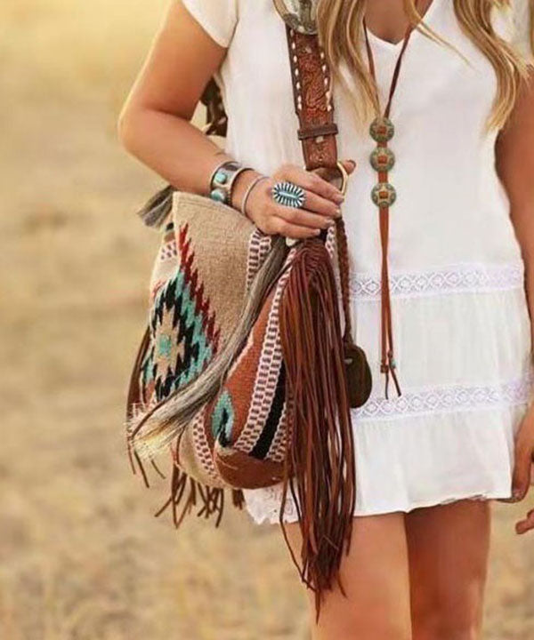 Vintage Khaki Tassel Geometric Embroidery Linen Satchel Handbag LY1374