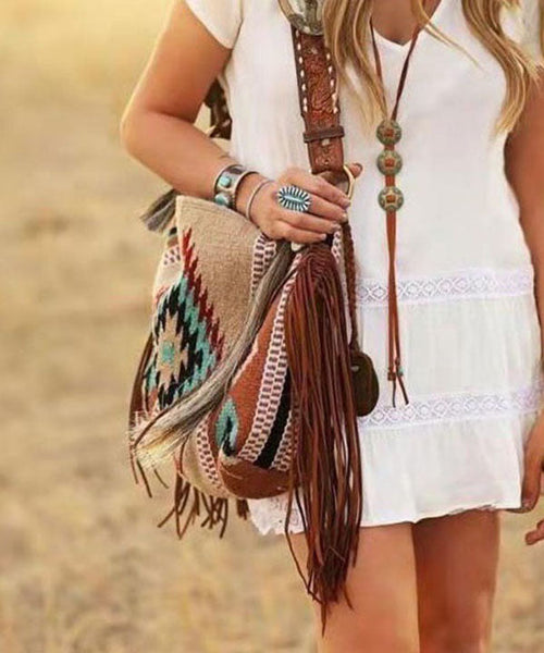 Vintage Khaki Tassel Geometric Embroidery Linen Satchel Handbag LY1374