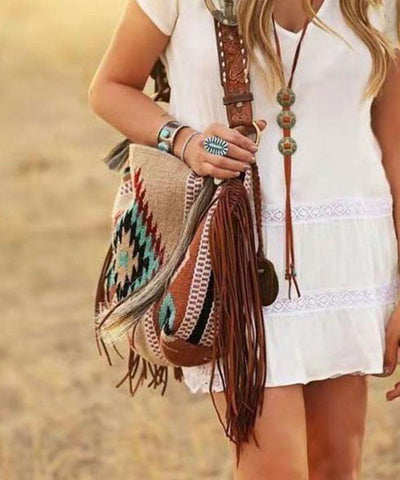 Vintage Khaki Tassel Geometric Embroidery Linen Satchel Handbag LY1374