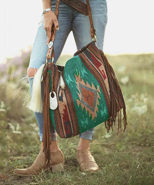 Vintage Khaki Tassel Geometric Embroidery Linen Satchel Handbag LY1374