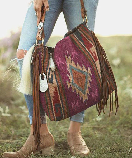 Vintage Khaki Tassel Geometric Embroidery Linen Satchel Handbag LY1374