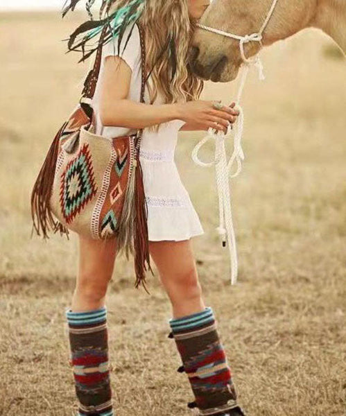 Vintage Khaki Tassel Geometric Embroidery Linen Satchel Handbag LY1374