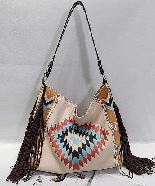 Vintage Khaki Tassel Geometric Embroidery Linen Satchel Handbag LY1374