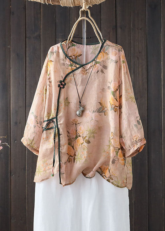 Vintage Khaki V Neck Print Button Patchwork Linen Shirts Summer TP1050