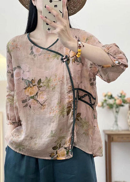 Vintage Khaki V Neck Print Button Patchwork Linen Shirts Summer TP1050