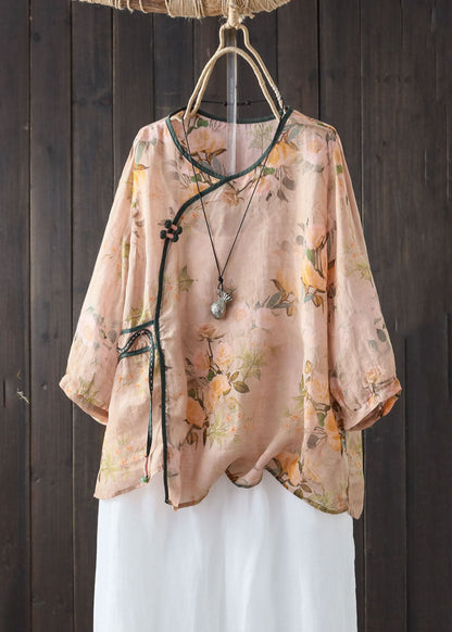 Vintage Khaki V Neck Print Button Patchwork Linen Shirts Summer TP1050