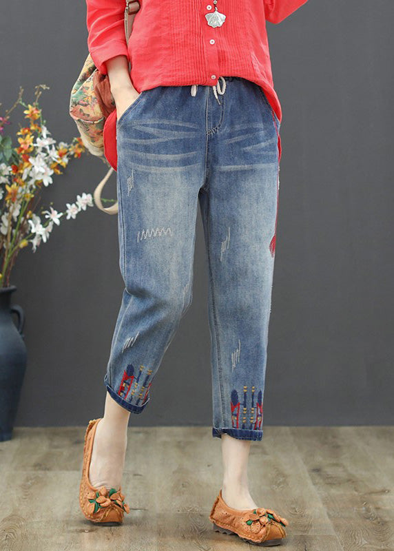 Vintage Light Blue Embroideried Tie Waist Crop Jeans Summer TY1015